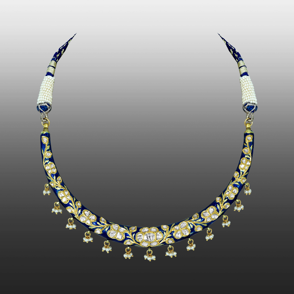Blue Enamel Polki Hasli with Floral Design and Pearl Drops
